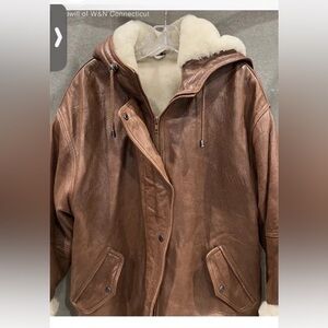 🤎Brown/Bronze Leather Hooded Jacket Coat Faux Fur Lining Size M